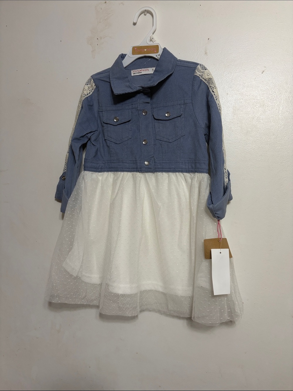 Unbranded Girls Blue Denim-Style Jacket Dress with White Tulle Skirt